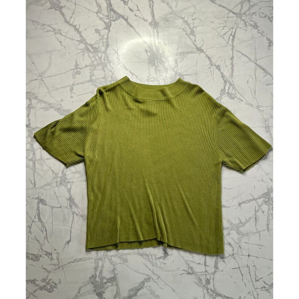 Vintage 90s Olive Green Ribbed Knit Mock Neck Top Short Sleeve Minimalist L